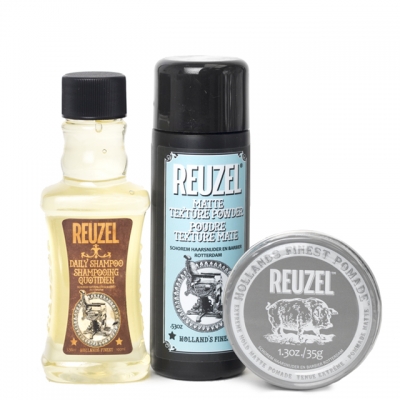 Мини-комплект Reuzel Extreme Kit: шампунь, пудра для укладки и матовая помада экстрасильной фиксации