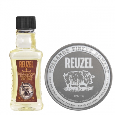 Комплект для мужчин Reuzel: шампунь и матовая помада экстрасильной фиксации