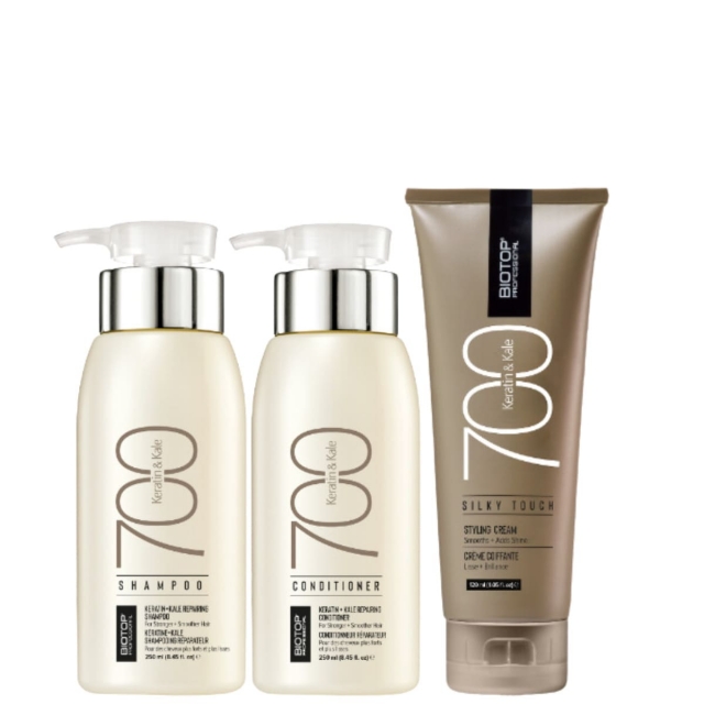 Комплект BIOTOP 700 Keratin Trio «Кератин» для сильно поврежденных и жестких волос: шампунь, кондиционер и кератиновый шелк