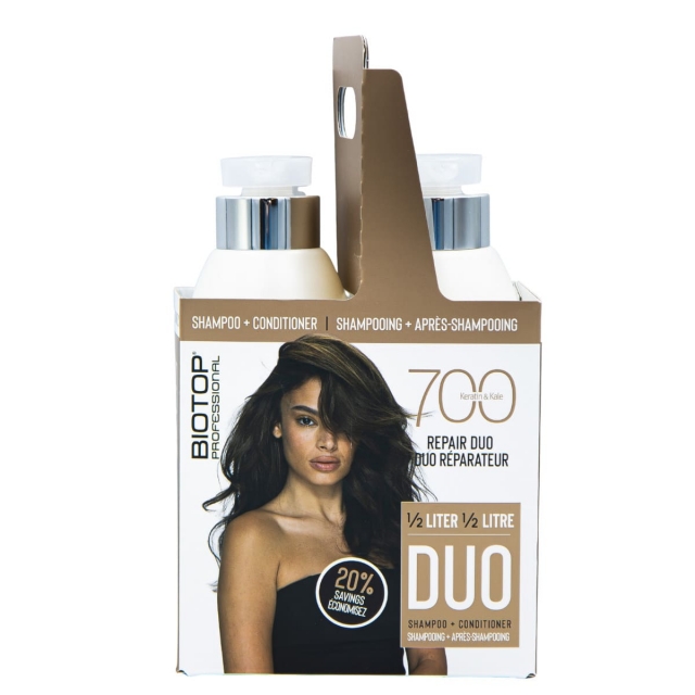 Набор BIOTOP 700 Keratin Kale & Half Liter Duo «Кератин» для сильно поврежденных и жестких волос: шампунь и кондиционер, 500 мл