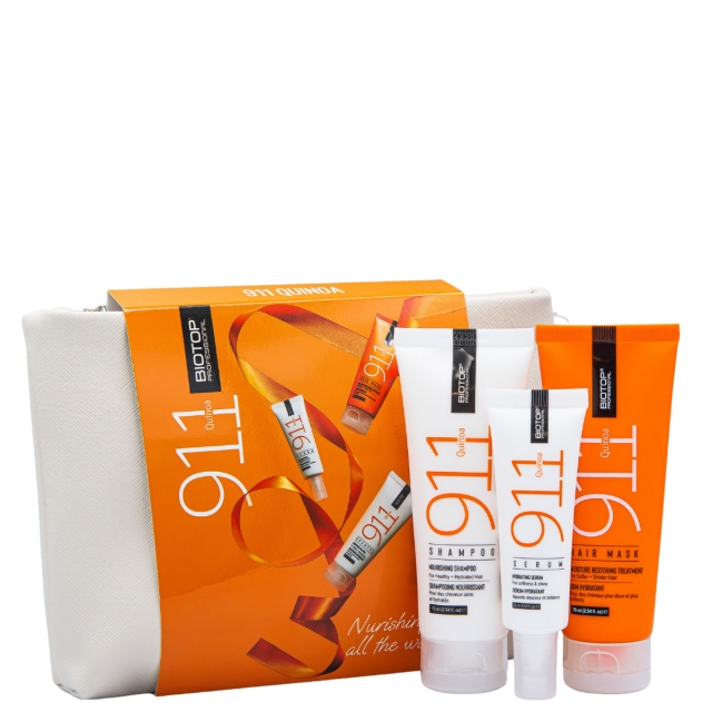 Мини-набор в косметичке BIOTOP 911 Travel Bag Kit «Киноа» для поврежденных и тусклых волос: шампунь, маска и сыворотка