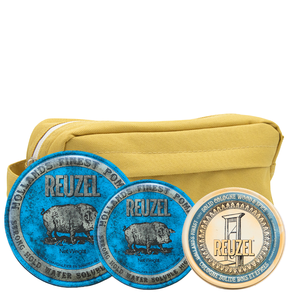 Мужской набор Reuzel Trio: две голубые помады сильной фиксации и твердый одеколон