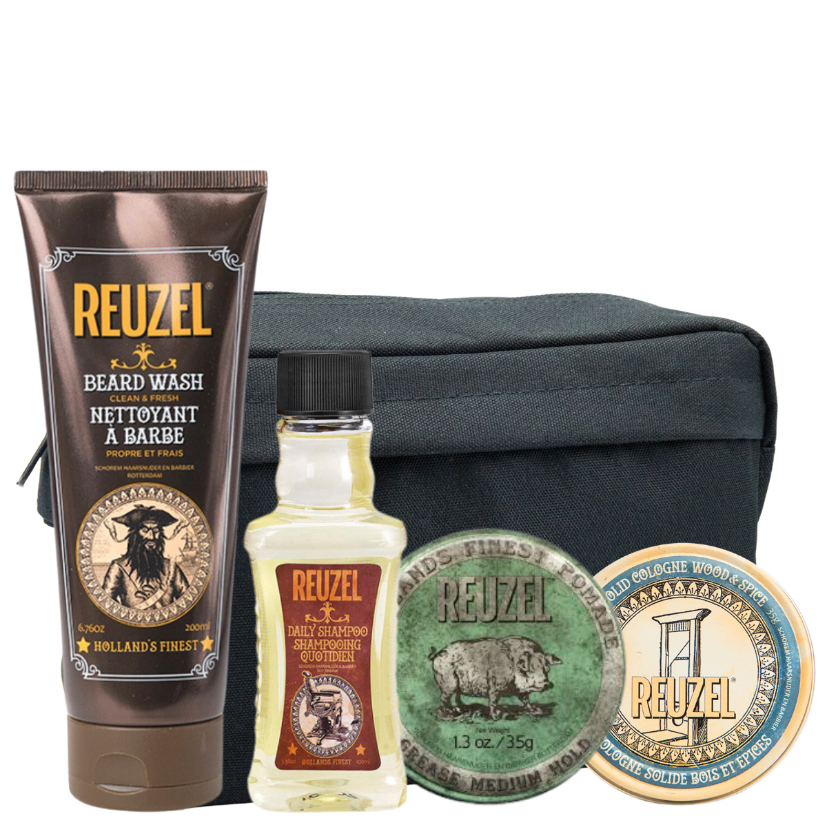 Мужской набор Reuzel Quattro: шампунь для бороды, ежедневный шампунь, зеленая помада и твердый одеколон