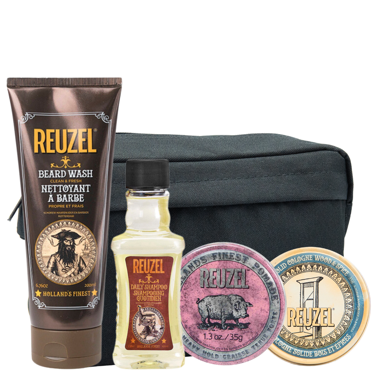 Мужской набор Reuzel Quattro: шампунь для бороды, ежедневный шампунь, розовая помада и твердый одеколон