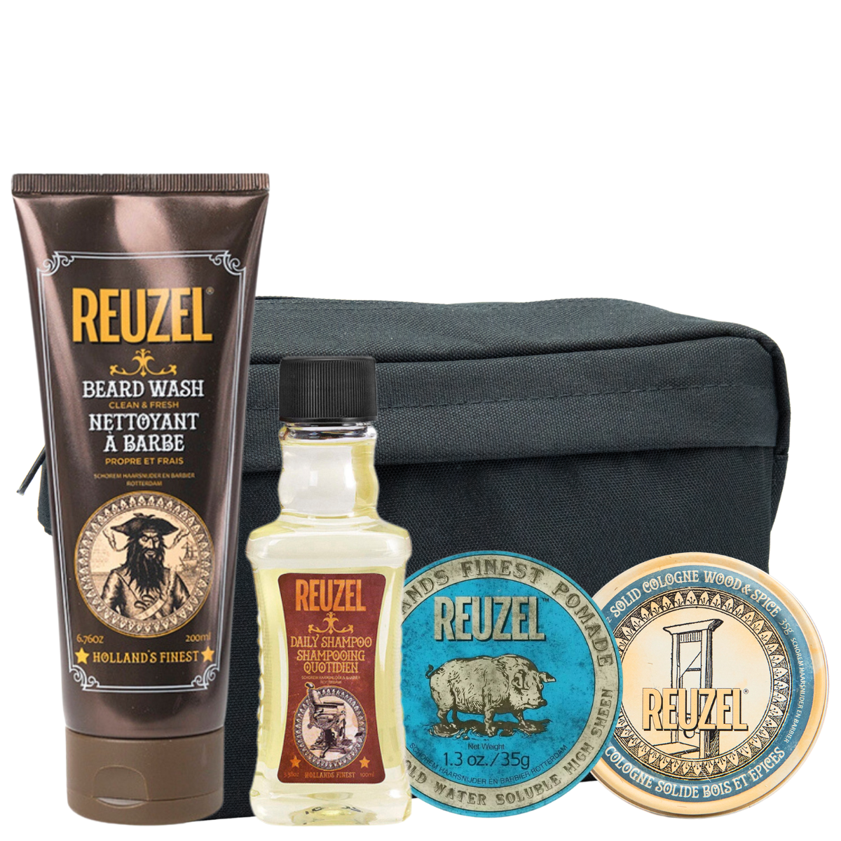 Мужской набор Reuzel Quattro: шампунь для бороды, ежедневный шампунь, голубая помада и твердый одеколон