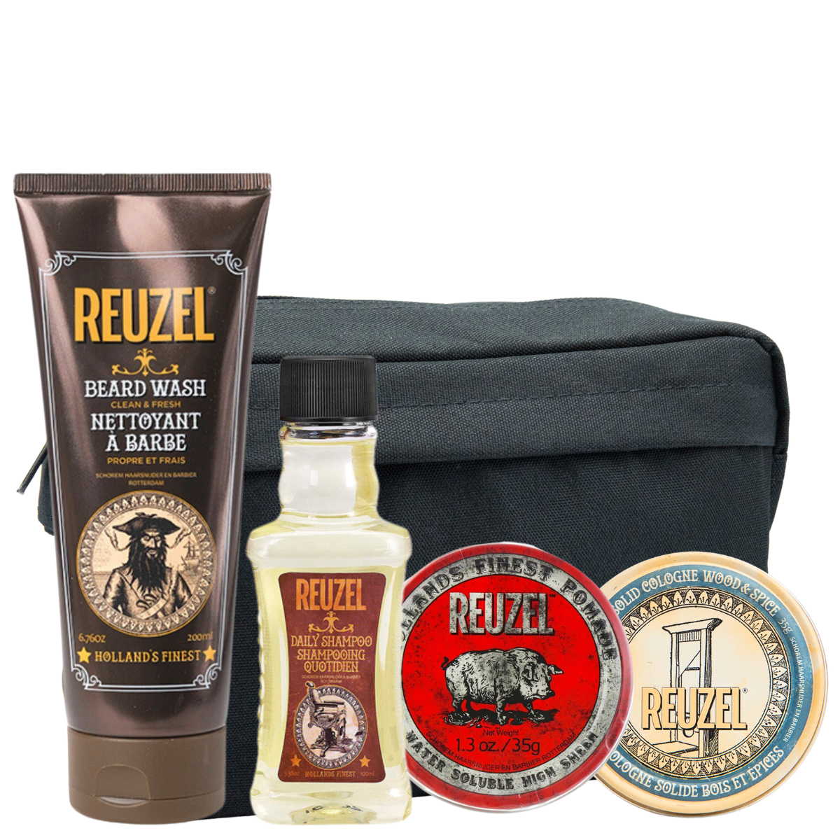 Мужской набор Reuzel Quattro: шампунь для бороды, ежедневный шампунь, красная помада и твердый одеколон